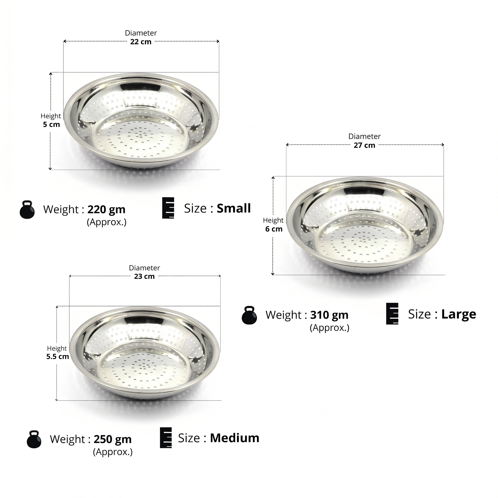 Steel Strainer And Colanders 3 Sizes - Color: Silver