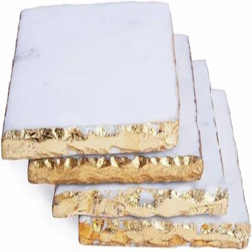 White Marble Square Coaster With Brass