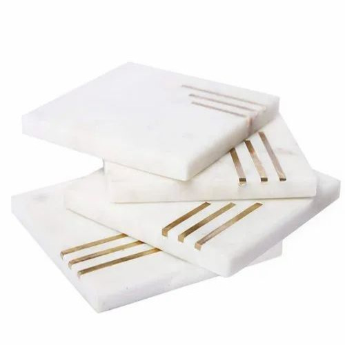 White Marble Square Coaster With Brass Strip