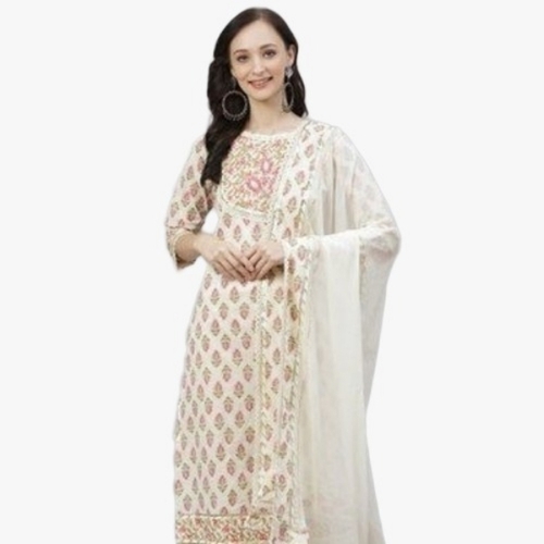 Ladies Kurta - Cotton Customized Size, White, 3-4th Sleeve Style | Soft Fabric, Comfortable Fit, Breathable, Colorful Patterns, Durable Stitching