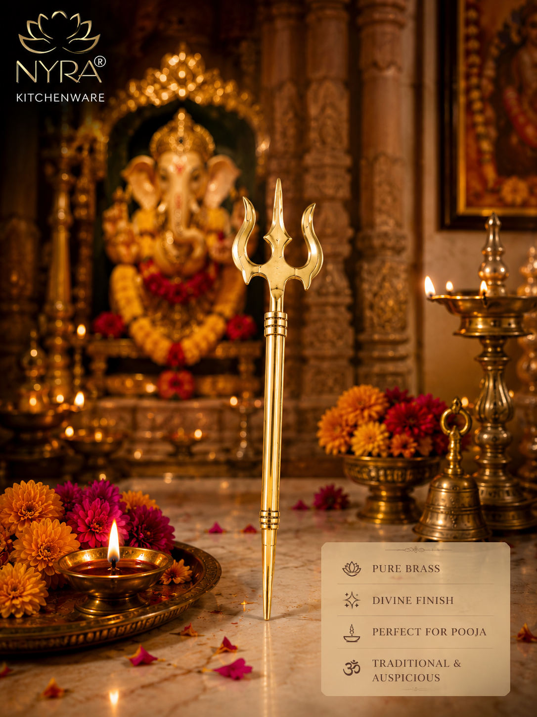 Pure Brass Peetal Trishul - Color: Golden