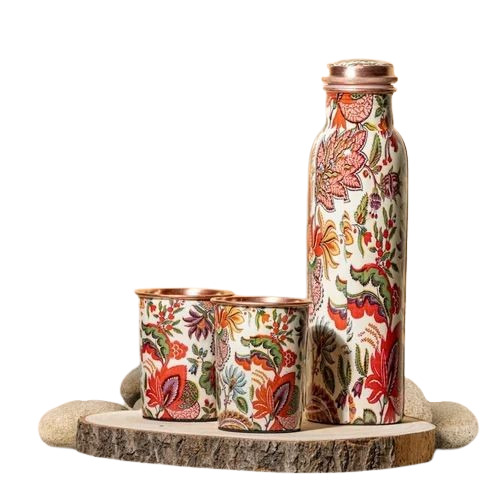 Mina Kari Print Copper Water Bottle Set (500 Ml Bottle With 2 Glass)