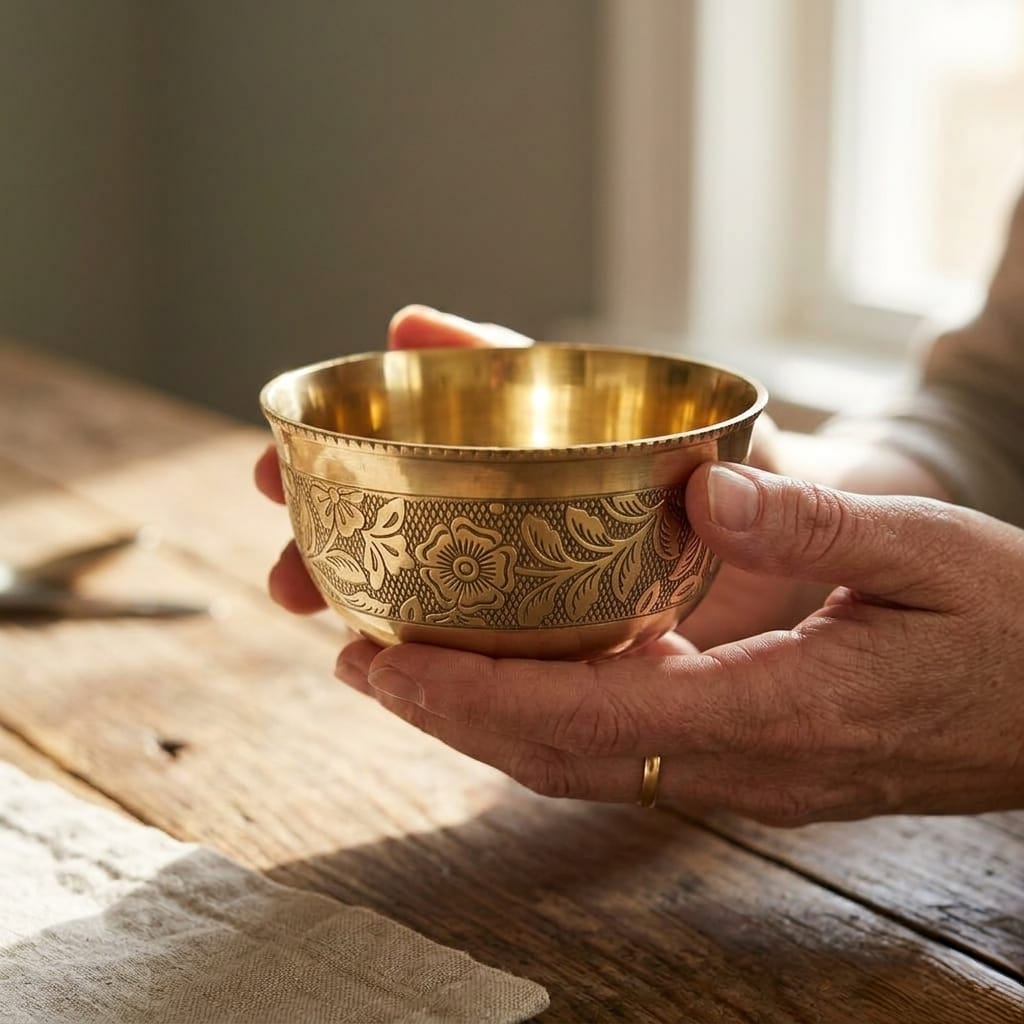 Embedded Floral Design Brass Peetal Katori - Color: Golden