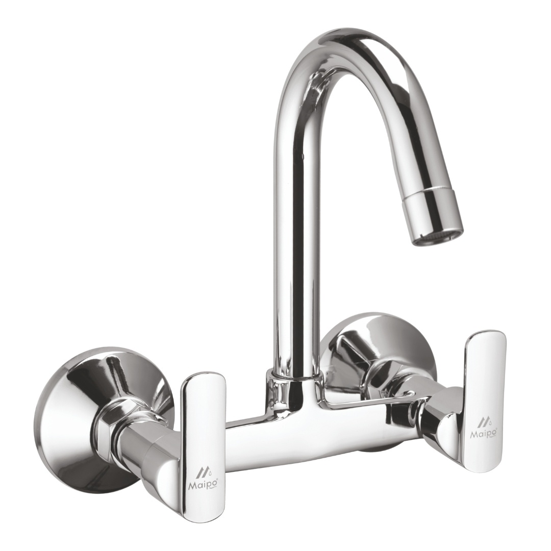 Honey Brass Wall Mounted Sink Mixer Tap With Swan Neck Spout