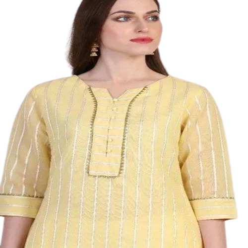 Ladies Yellow Short Kurti - Cotton, Multicolor, Sizes S-XXL, 3-4th Sleeve, Printed | Shrink-Resistant, Anti-Wrinkle, Breathable