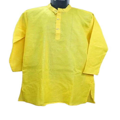 Men Cotton Short Kurta - Full Sleeves, Button Closure, Straight Collar, Yellow | Breathable, Anti-Wrinkle, Washable