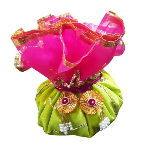 Pink & Green Round Tissue Brocade Potli Bag