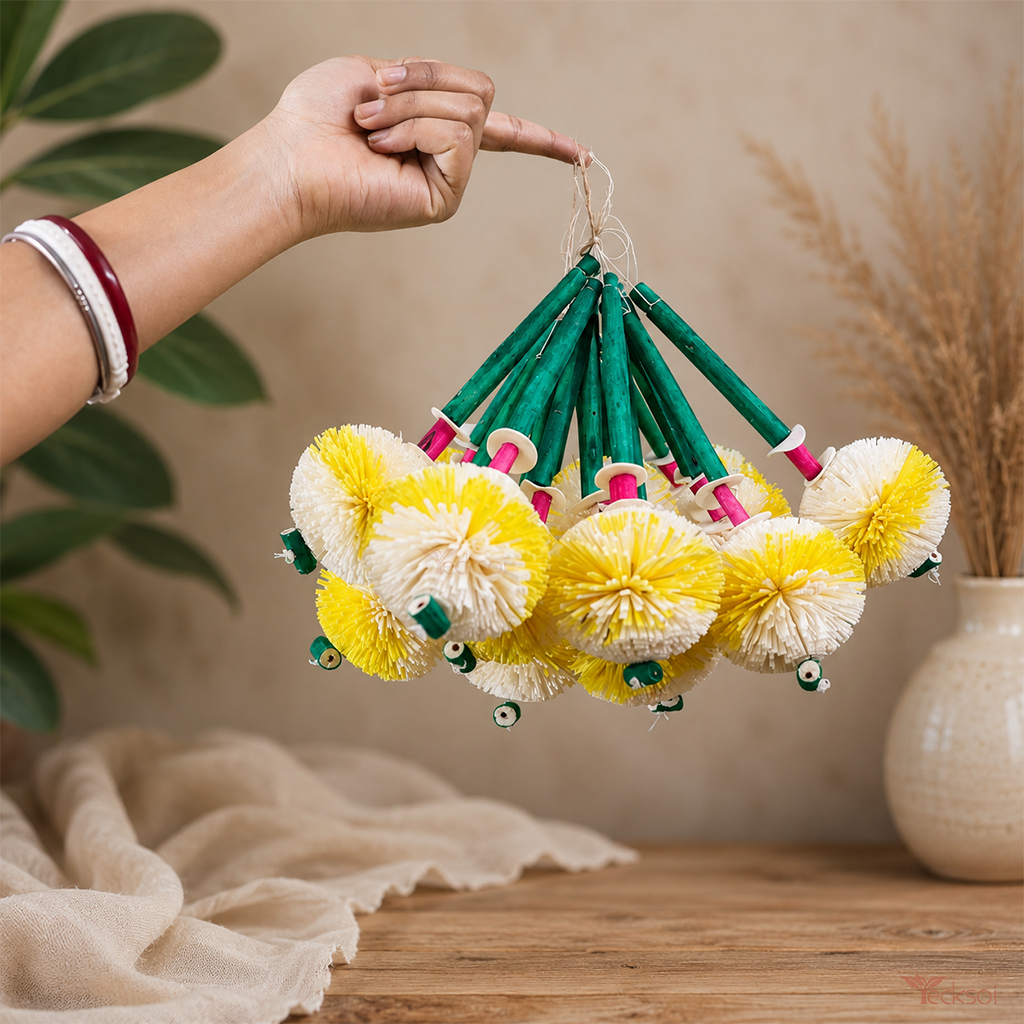 Tecksoi Kadam With String Mix Color Handmade Sola Wood Flower Hanging For Traditional Bengali Decor, Puja & Event Decoration - Size: 4-10Cm