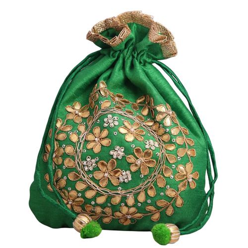 Green Hand Crafted Potli Bag With Beaded Chain