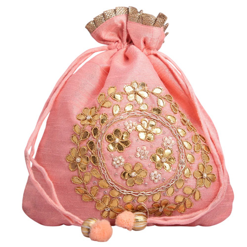 Light Pink Hand Crafted Potli Bag With Beaded Chain - Color: Peach