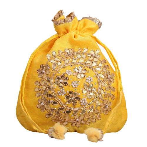 Yellow Hand Crafted Potli Bag With Beaded Chain