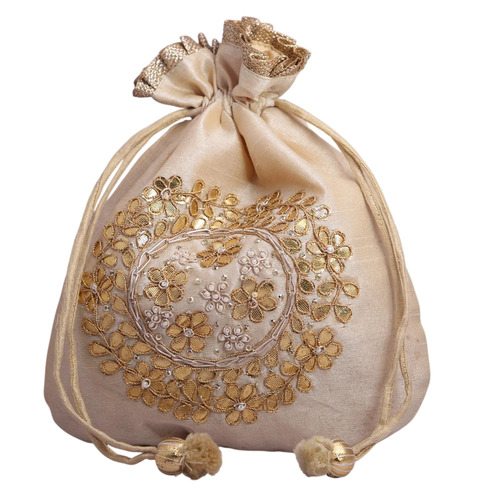 Cream Hand Crafted Potli Bag With Beaded Chain