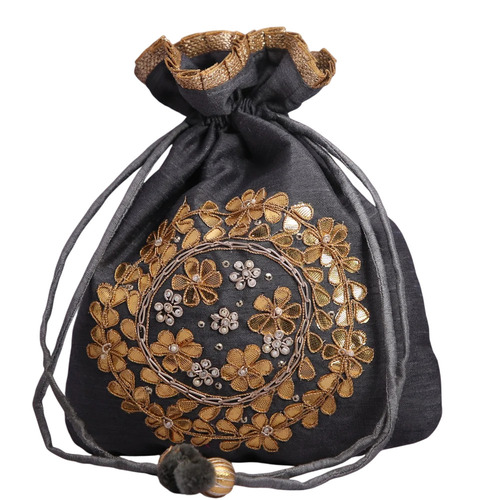 Gray Hand Crafted Potli Bag With Beaded Chain