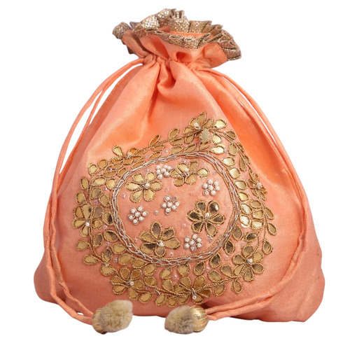 Peach Hand Crafted Potli Bag With Beaded Chain