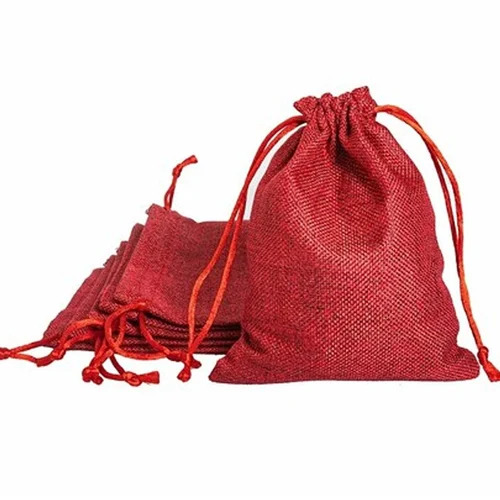 Red Jute Drawstring Bag - Design: Potli