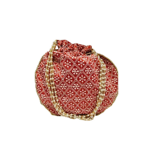 Cotton Potli Bags - Cotton Fabric, Rope Handle, Red & White Printed, Drawstring Closure