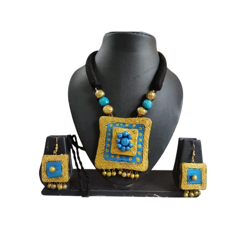 Golden And Sky Blue Terracotta Necklace Set