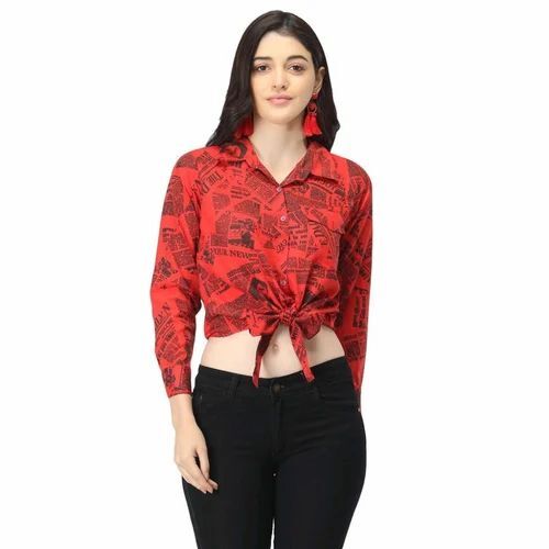 Women Red Crepe Crop Top