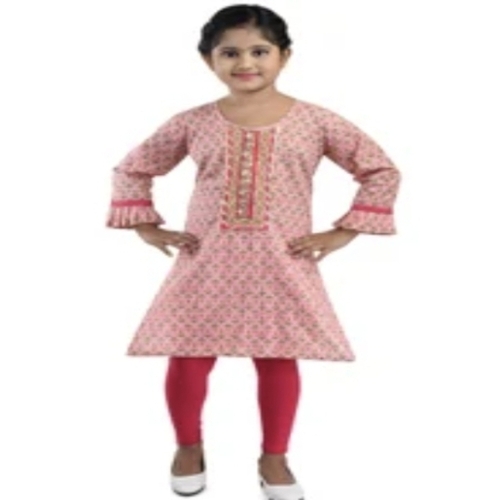 Kids Baby Pink Cotton Printed Kurti Legging Set