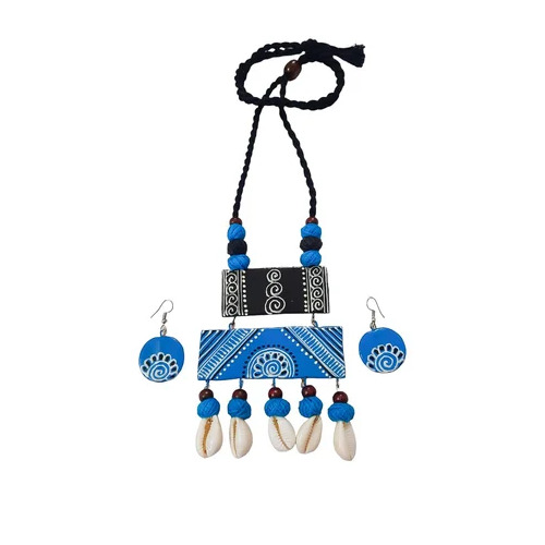Handmade Layered Trendy Clay Jewellery Set - Clay, Adjustable Size, Blue Black & White | Handpainted Ethnic Design