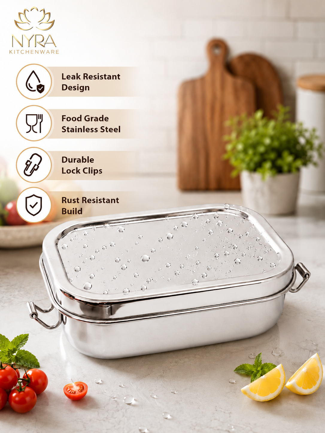 Steel Square-Shaped Lunch Box With Leakproof Dibbi - Weight: 340 Grams (G)