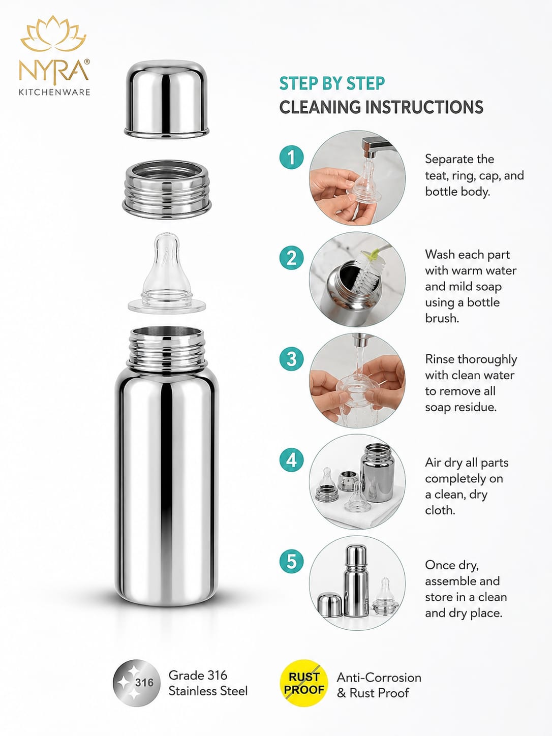 Stainless Steel Baby Feeding Bottle Medium - Color: Silver