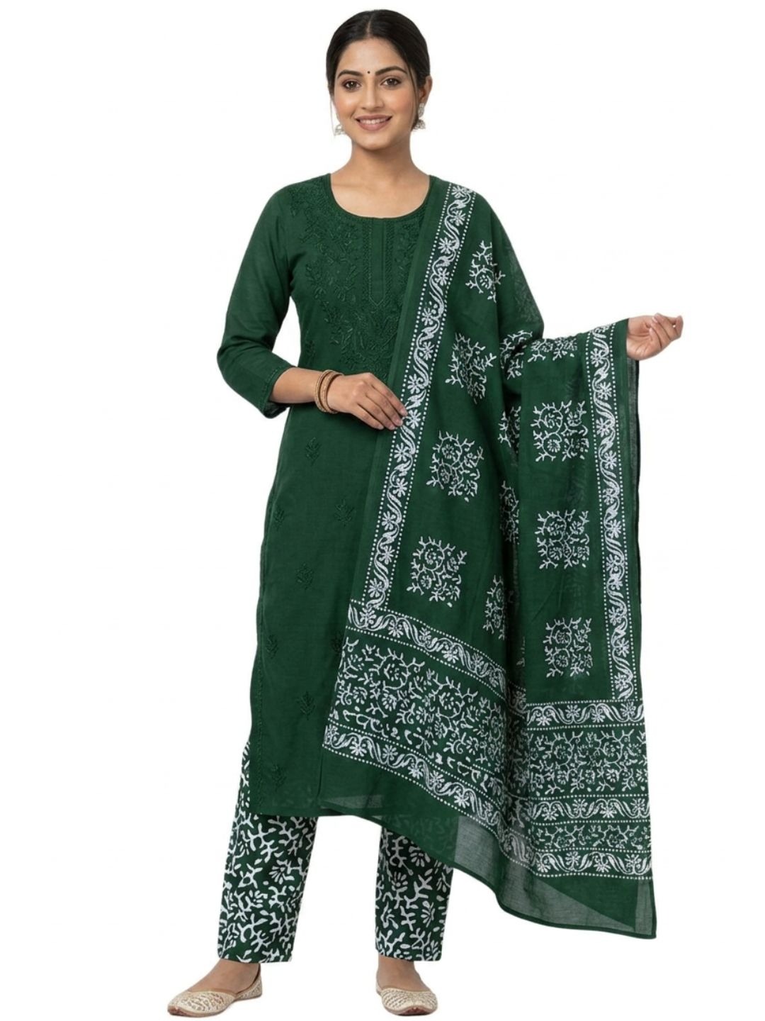 Handblock Printed Lucknowi Work Ladies Suit - Bust Size: Unstitched Meter (M)