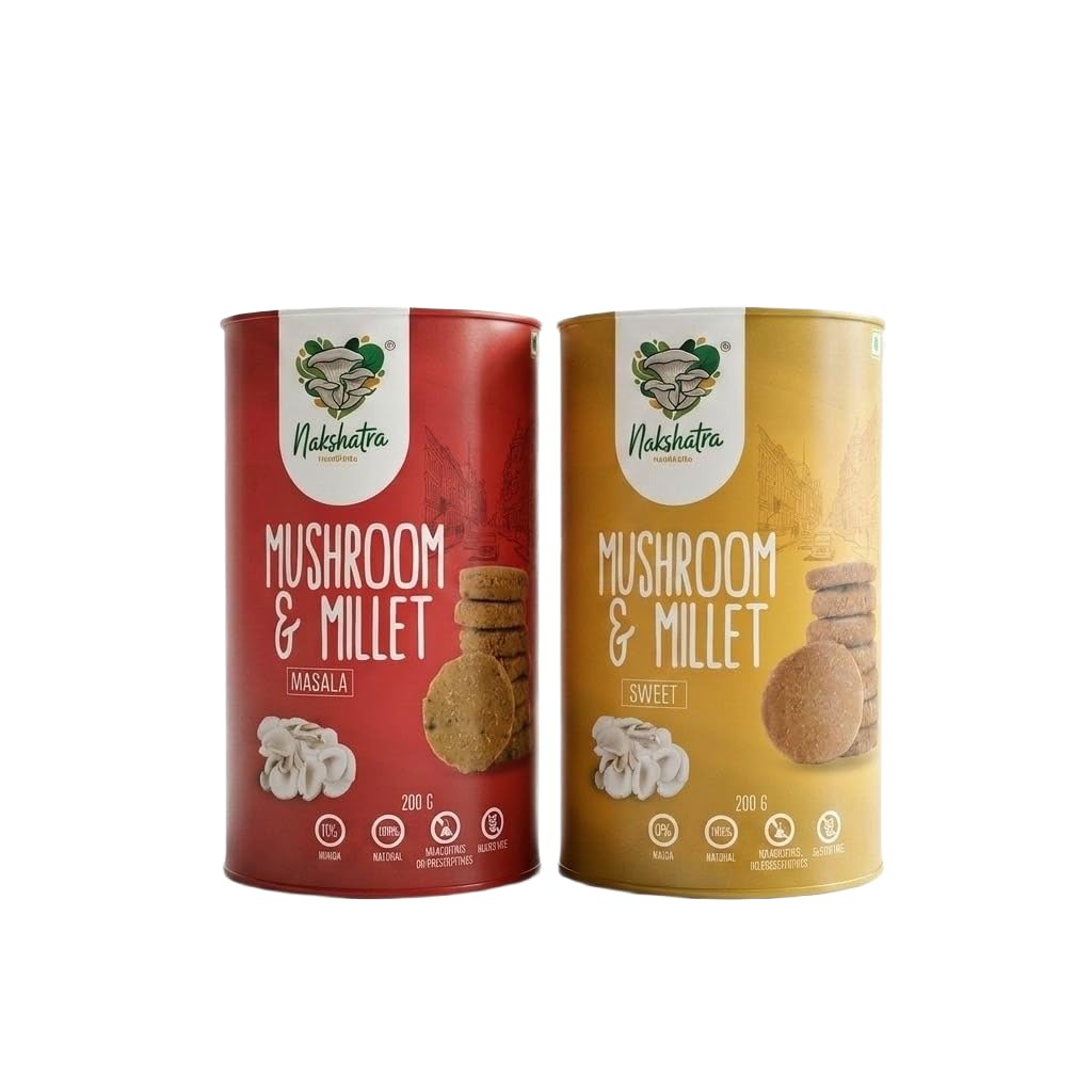 Nakshatra Healthbite Combo Of Mashroom And Millet Masala And Sweet Cookies 200G Pack Of 2 - Fat Content (%): 400.0 Grams (G)