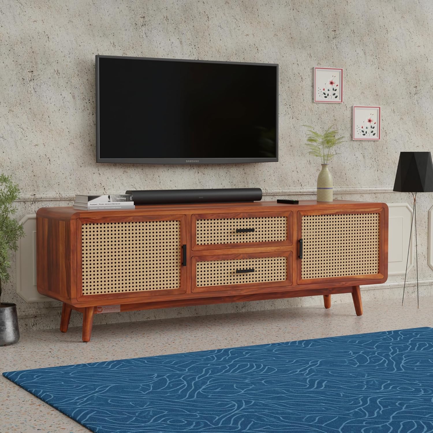 Solid Wood Modern Rattan Tv Console For Upto 65 Inch Tv - Color: Walnut Brown