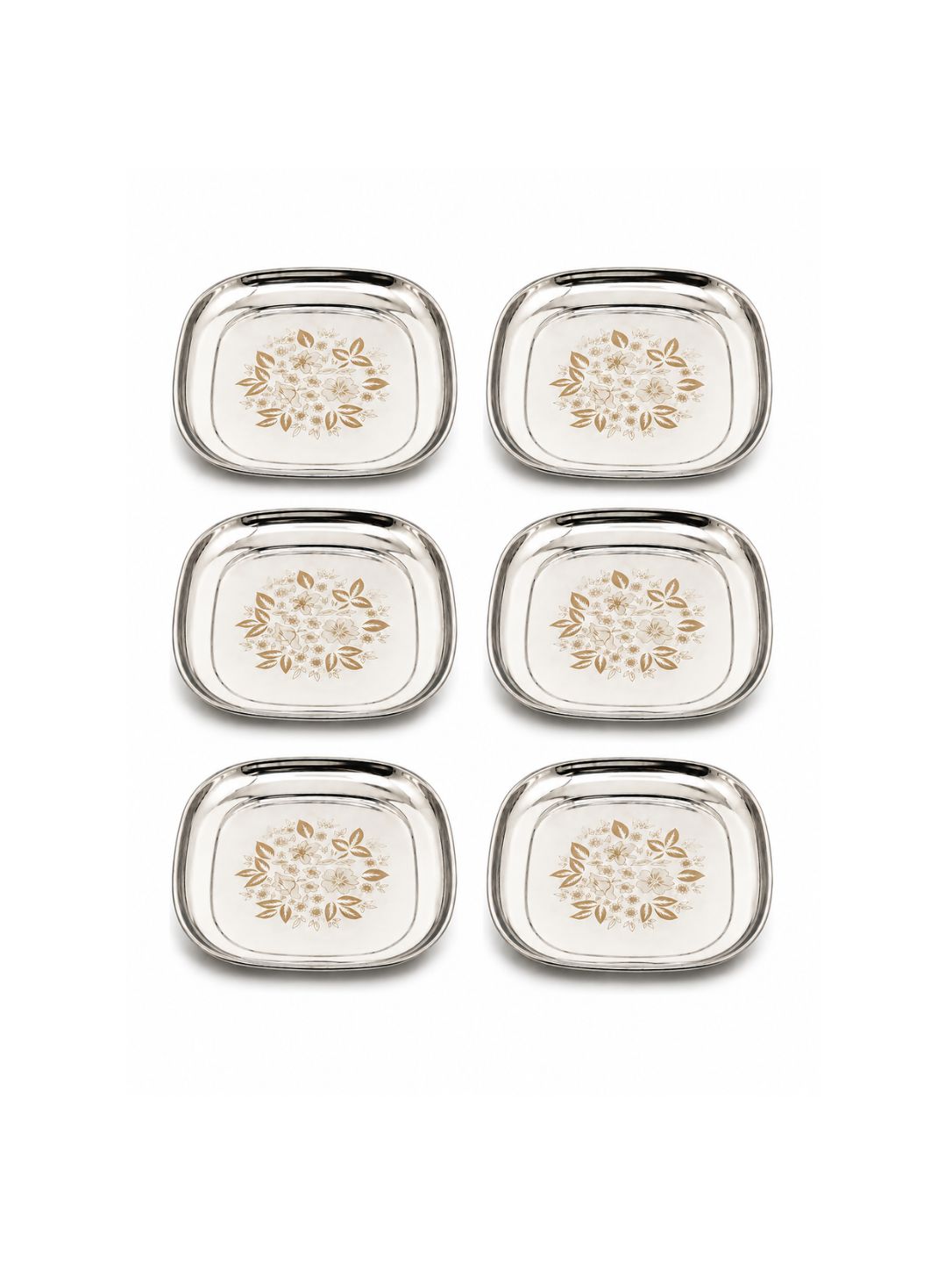 Steel Full-Size Lunch Dinner Plates With Glossy Outer Finish Laser Print- Set Of 6 - Color: Silver