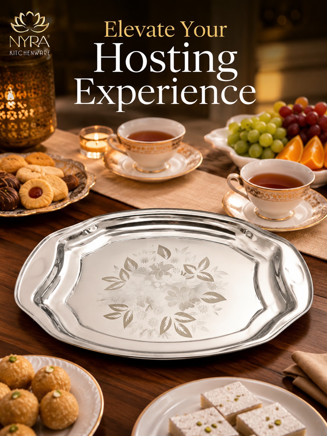 Stainless Steel Serving Tray Laser Print Set Of 12Pcs - Color: Silver