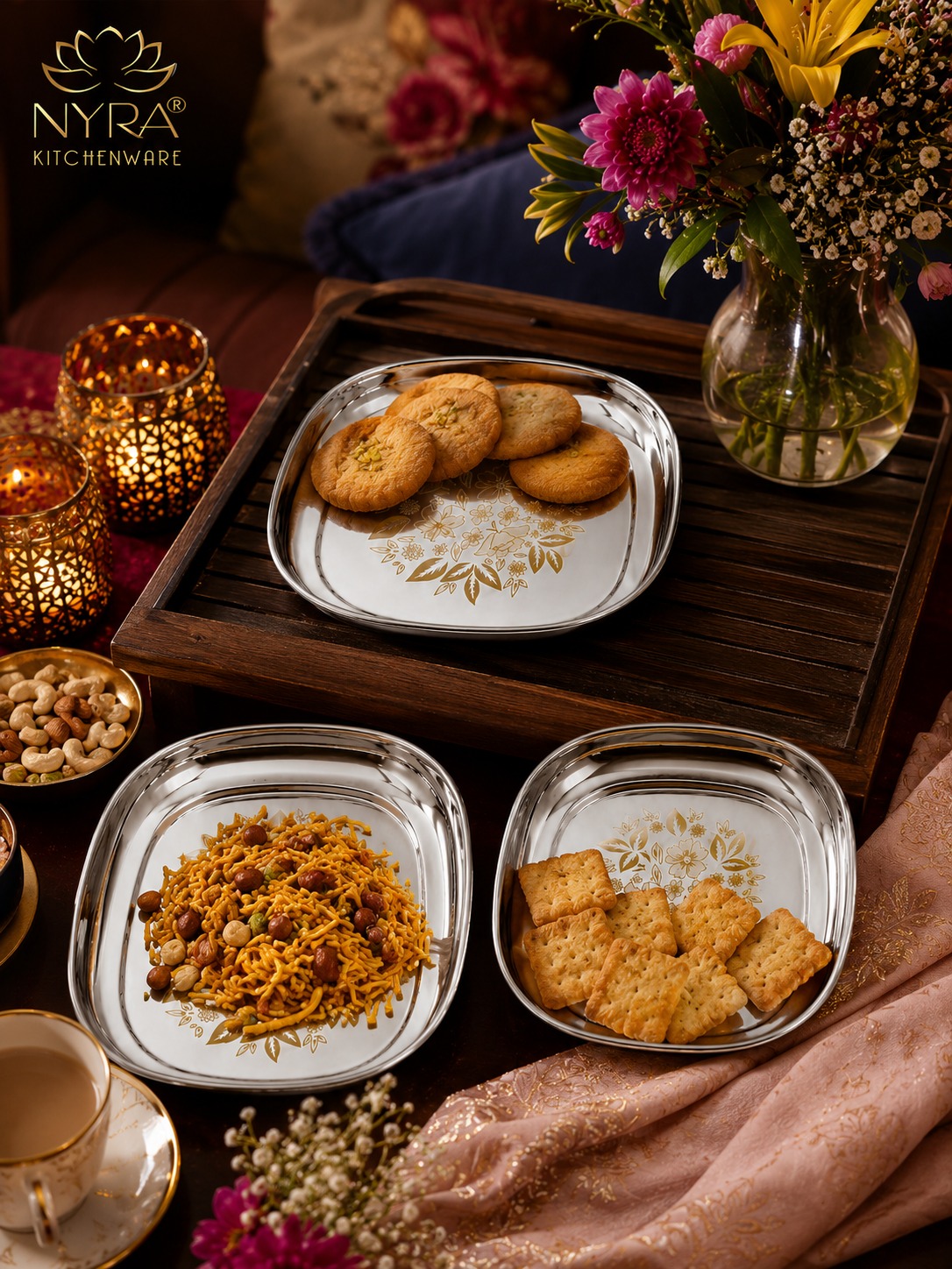 Stainless Steel Set Of 12 Pieces Quarter And Full-Size Plates With Laser Print Set - Color: Silver
