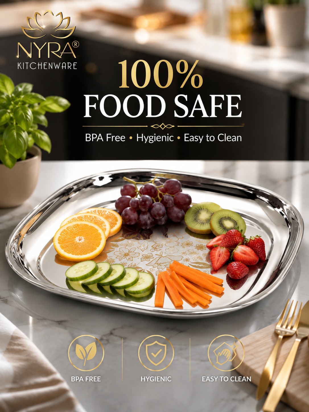Steel Full Size Lunch Dinner Plates With Glossy Outer Finish And Laser Print Set Of 4pcs - Color: Silver