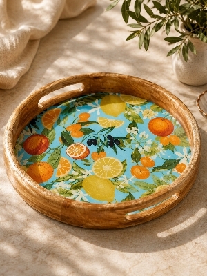 Designer Round Wooden Tray - Design Type: Antique