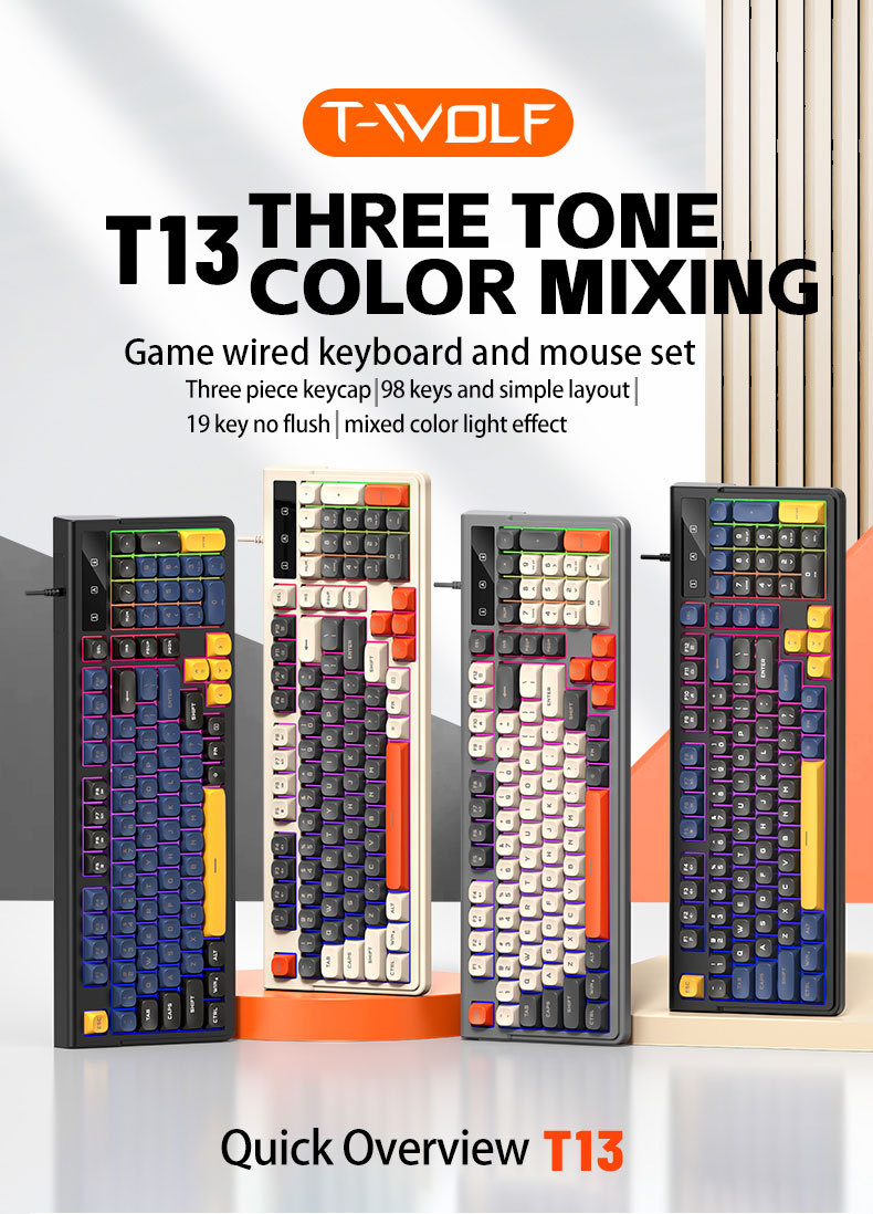 T-Wolf T13 Wired Gaming Keyboard Light Up Color Blocking 98 Key Environmentally Friendly E Sports Mute - Warranty: 12 Months