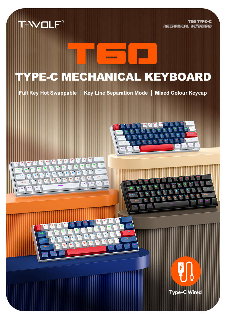 T-Wolf T60 Mechanical Keyboard Wired Rgb Esports Gaming Keyboard 61 Key Color Blocked Red Axis - Application: Computer