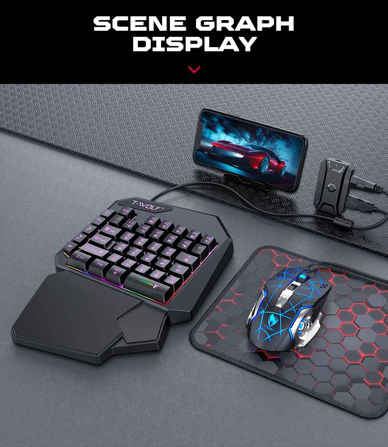 T-Wolf Tf900 Gaming Mouse Gaming Keyboard One Hand Keyboard And Mouse Game Set Mobile Game Chicken Eating Artifact Left Hand Keyboard - Application: Esport