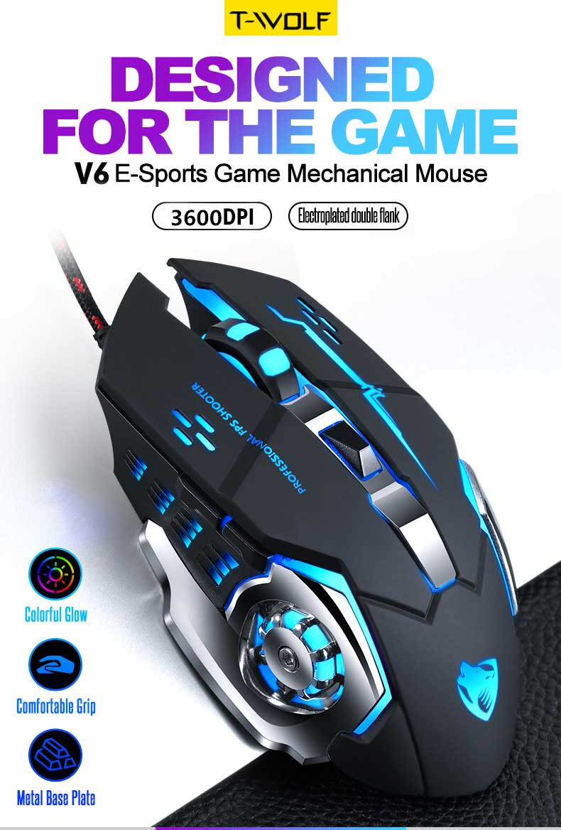 T-Wolf V6 Wired Gaming Mouse Mechanical Mouse E-Sports Luminous Wind And Fire Wheel Metal Weighted Mouse - Application: Computer
