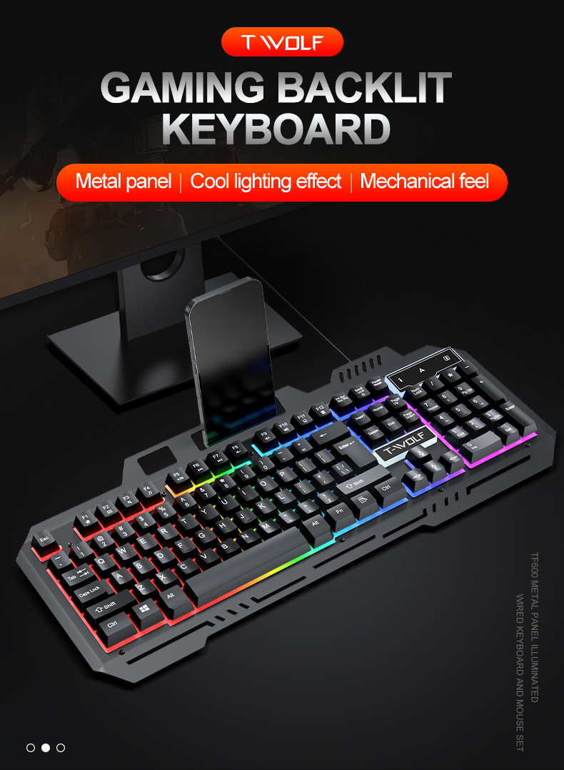 T-Wolf T16 Gaming Keyboard Illuminated Wired Usb Metal Iron Plate Computer Phone Stand Keyboard Mute