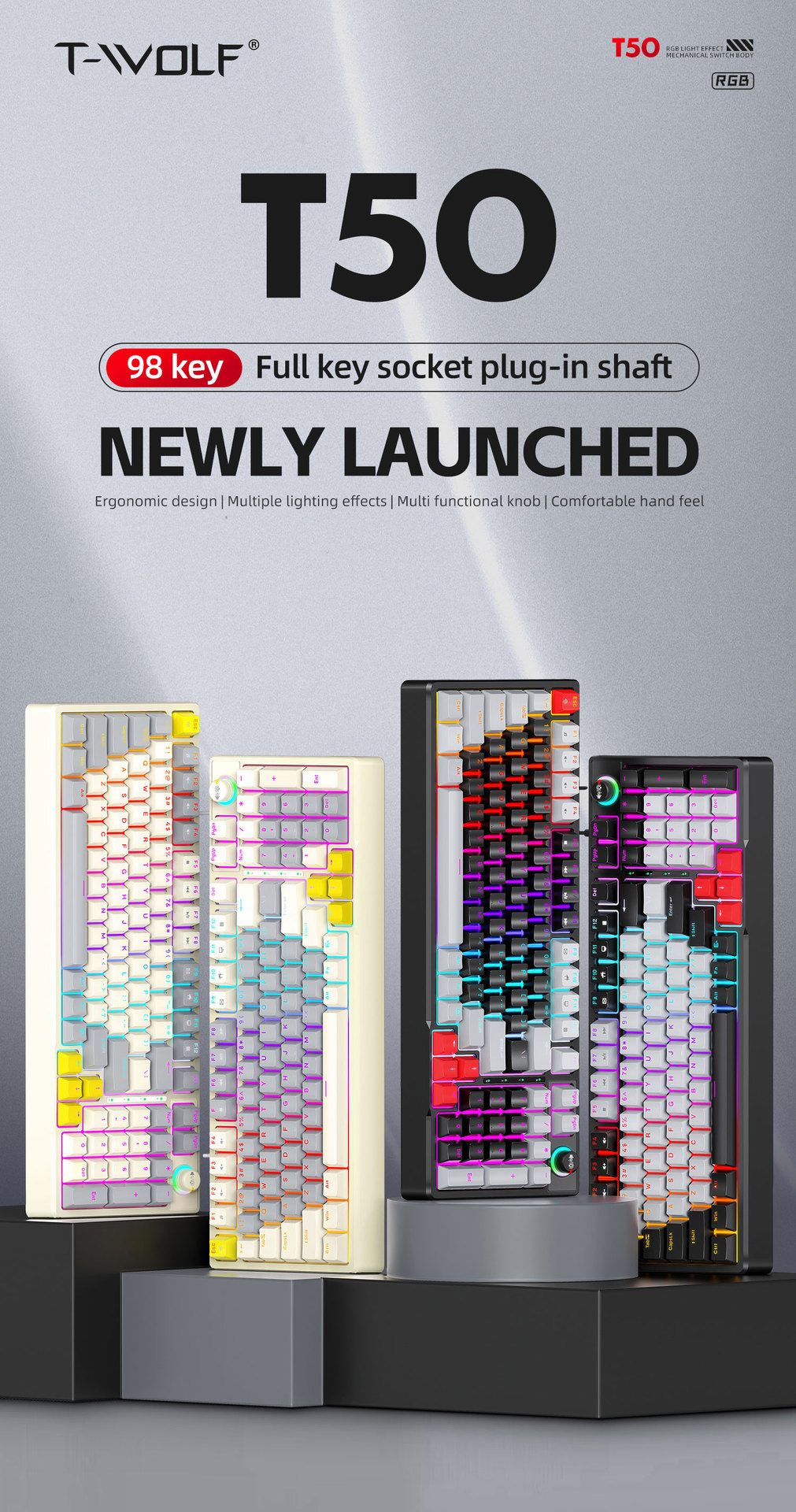 T-Wolf T50 Gaming Keyboard Mechanical Keyboard Customized Color Blocking E-Sports Game Rgb Luminous Strip Knob Hot Swappable - Application: Computer