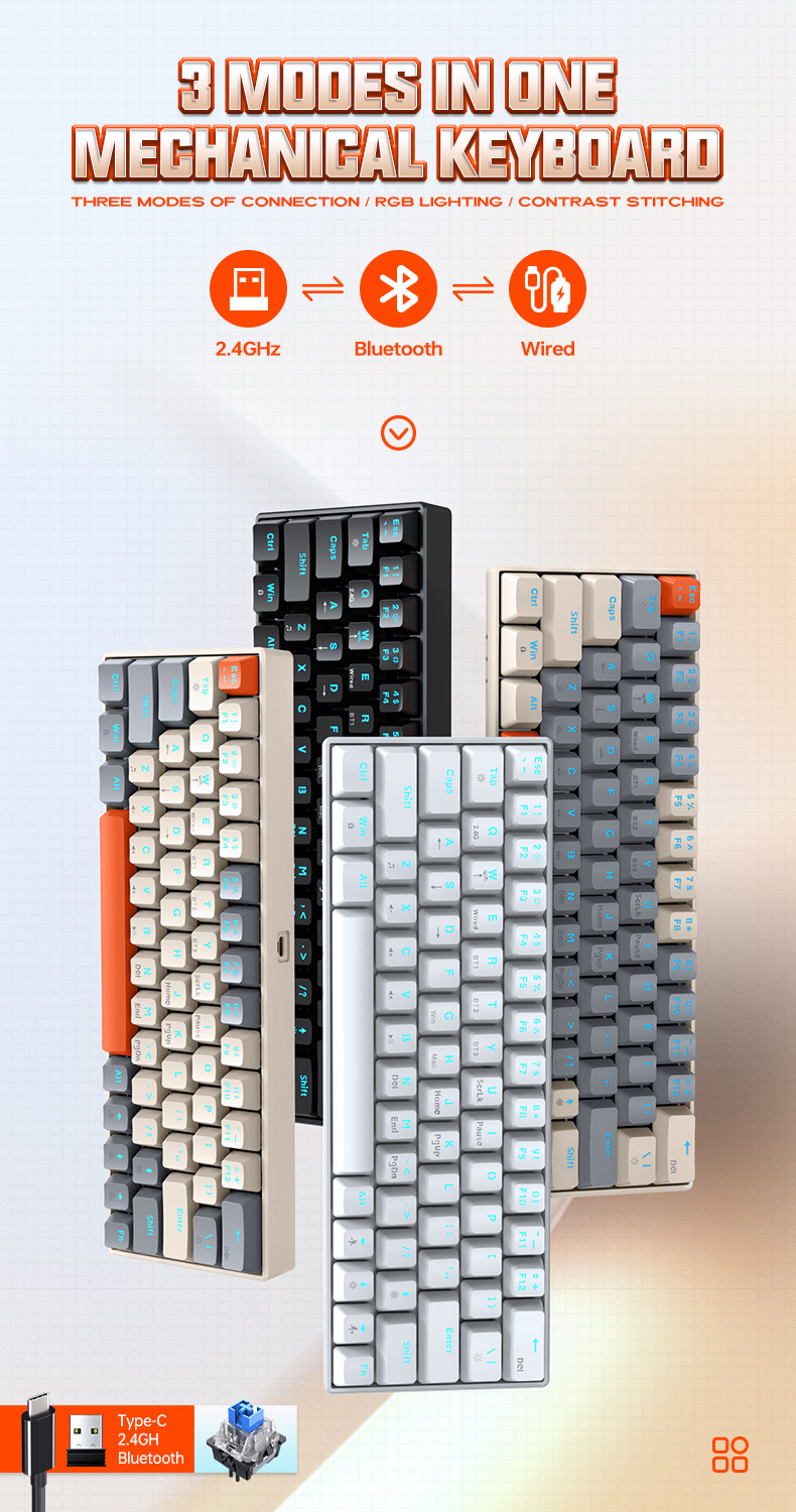 T-Wolf T30 Gaming Keyboard Wireless Bluetooth Mechanical Keyboard The Third Mock Examination Rgb Light-Emitting 63 Key Customized Game Keypad - Application: Computer