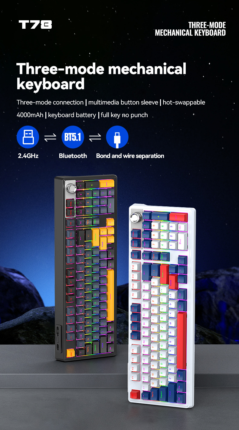 T-Wolf T78 Gaming Keyboard Wireless Bluetooth Mechanical Keyboard The Third Mock Examination Wired Color Matching Game Rgb Light-Emitting Computer E-Sports Red Axis - Color: White-Blue/Yellow-Black