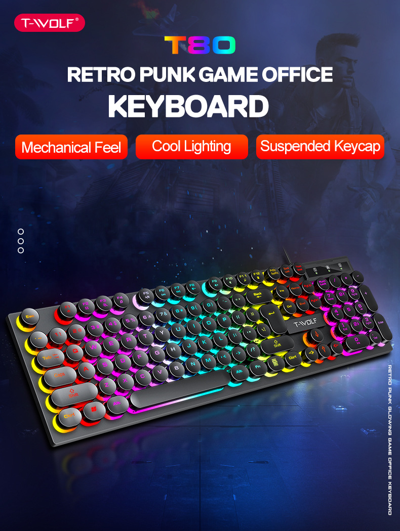 T-Wolf T80 Gaming Keyboard Glowing Wired Punk Retro Round Keycap Computer Gaming Keyboard - Color: Black/Pink/White