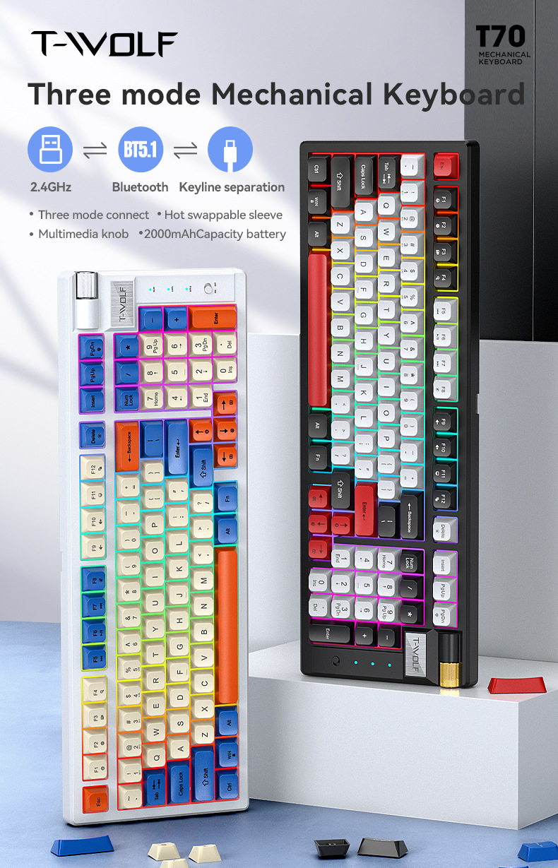 Wireless Mechanical Keyboard T-Wolf T70 Game Keyboard Bluetooth The Third Mock Examination Rgb Game Color Matching Hot Plug Red Axis Keyboard - Application: Computer