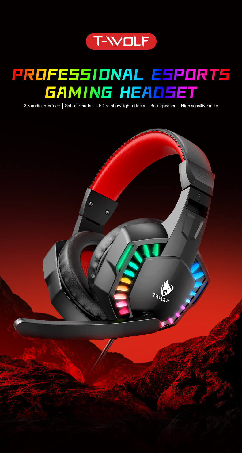 T-Wolf H120 Computer Headset With Illuminated Gaming And Esports Wired Computer Headset And Microphone - Color: Black Red Blue Green