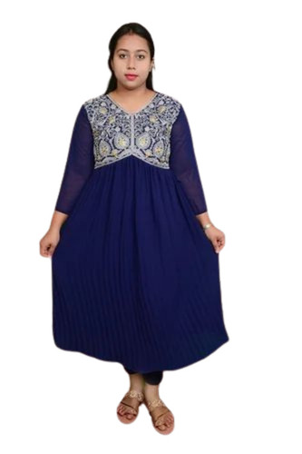 Navy Blue Cotton Embroidered Kurti