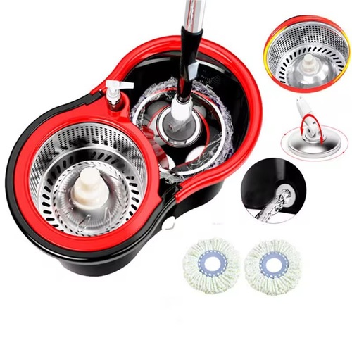 Spin Mop with Steel Wringer, Liquid Dispenser , 4 Microfiber Refills