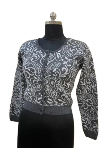 Dark Grey Ladies Woolen Printed Cardigan
