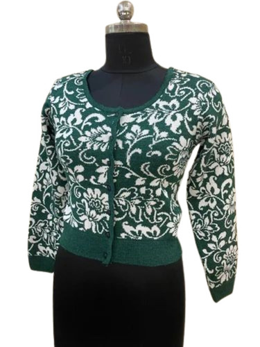 Green Ladies Woolen Printed Cardigan