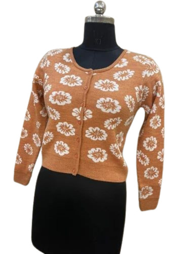 Orange Color Ladies Printed Woolen Cardigan Sweater
